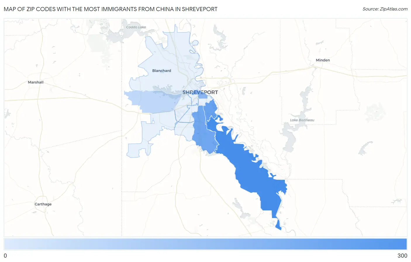 Zip Codes with the Most Immigrants from China in Shreveport Map