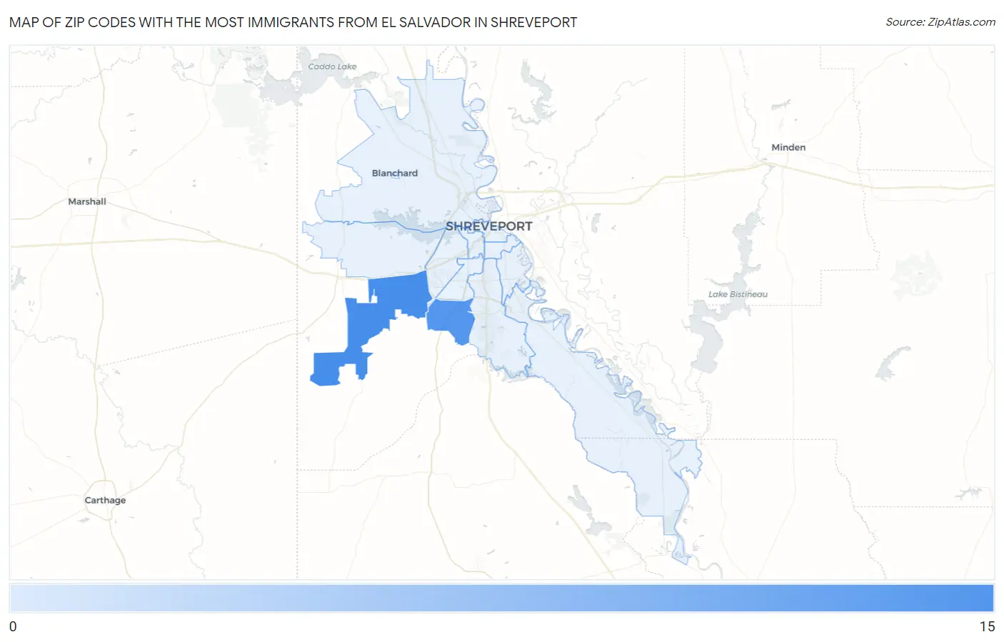 Zip Codes with the Most Immigrants from El Salvador in Shreveport Map