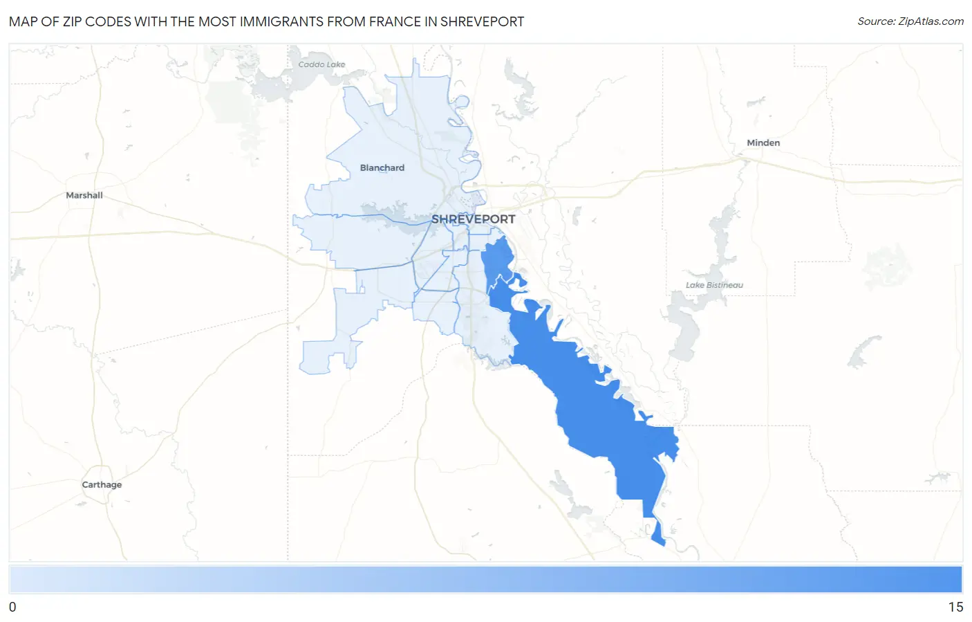 Zip Codes with the Most Immigrants from France in Shreveport Map