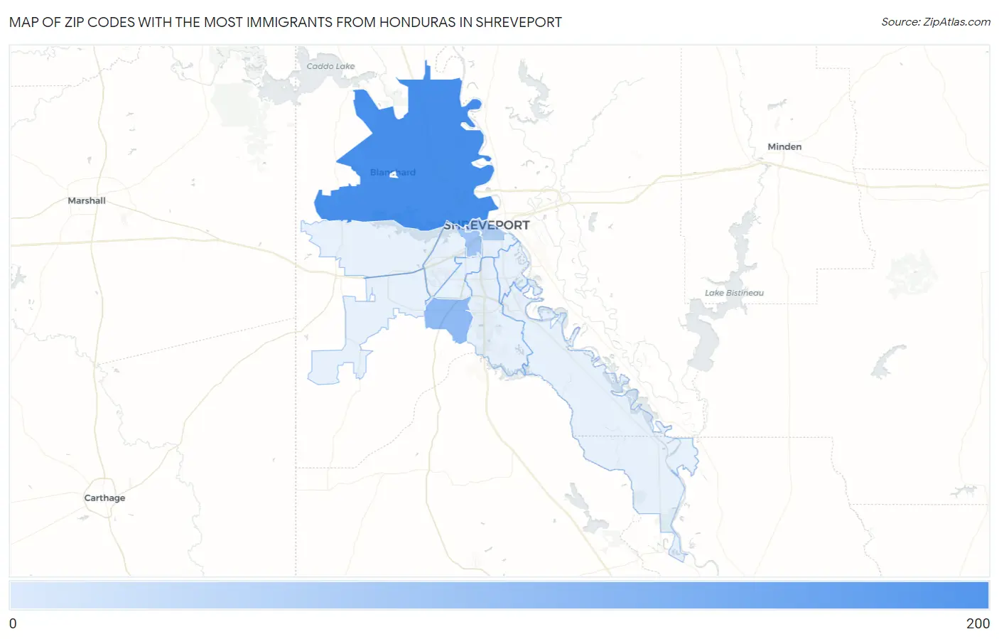 Zip Codes with the Most Immigrants from Honduras in Shreveport Map