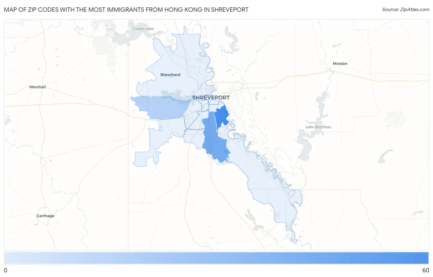 Zip Codes with the Most Immigrants from Hong Kong in Shreveport Map