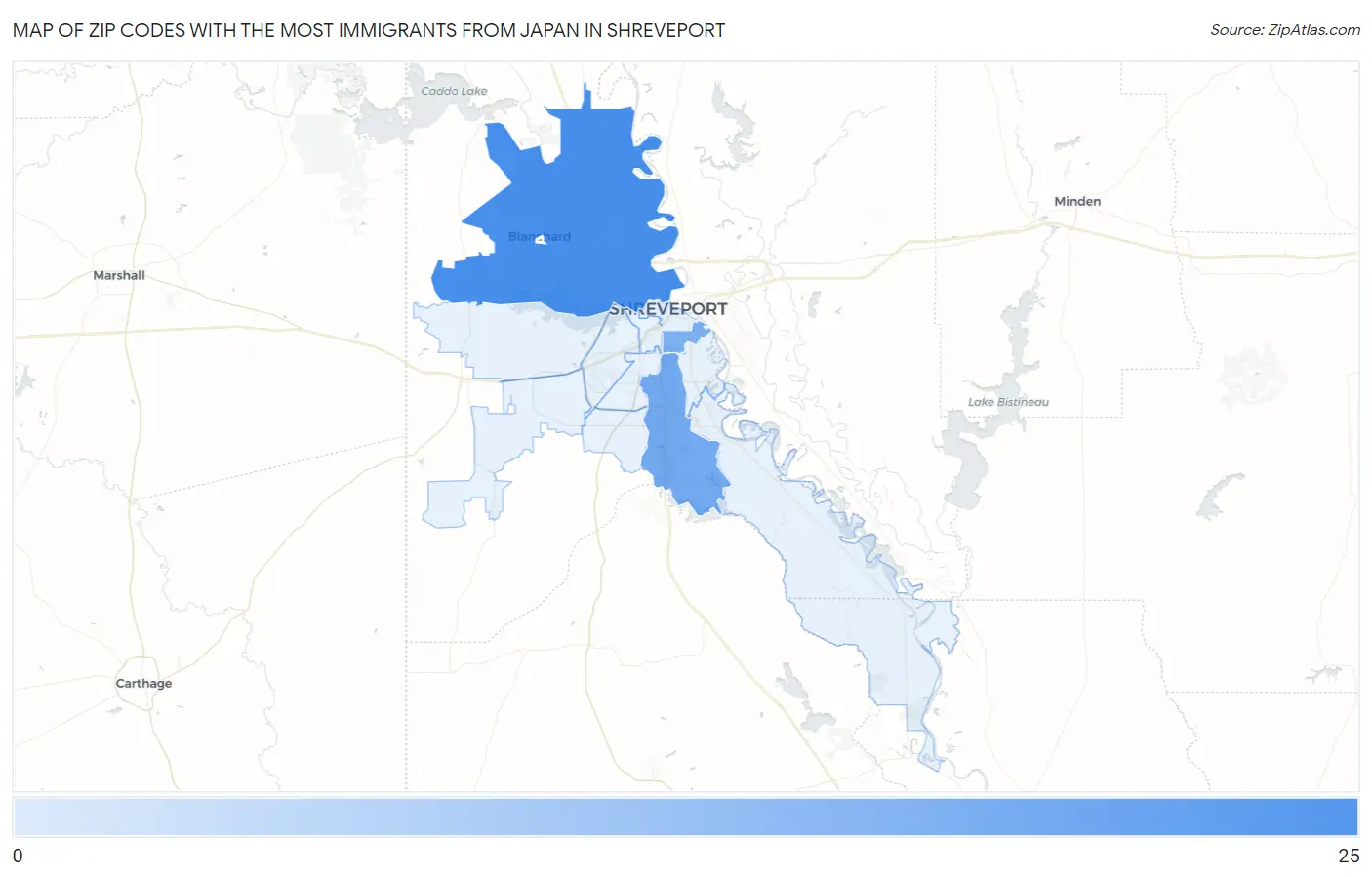 Zip Codes with the Most Immigrants from Japan in Shreveport Map
