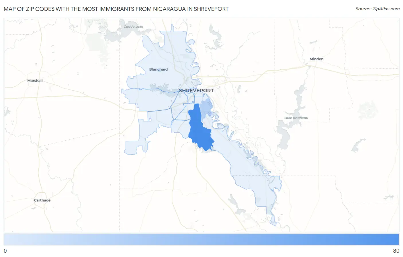 Zip Codes with the Most Immigrants from Nicaragua in Shreveport Map
