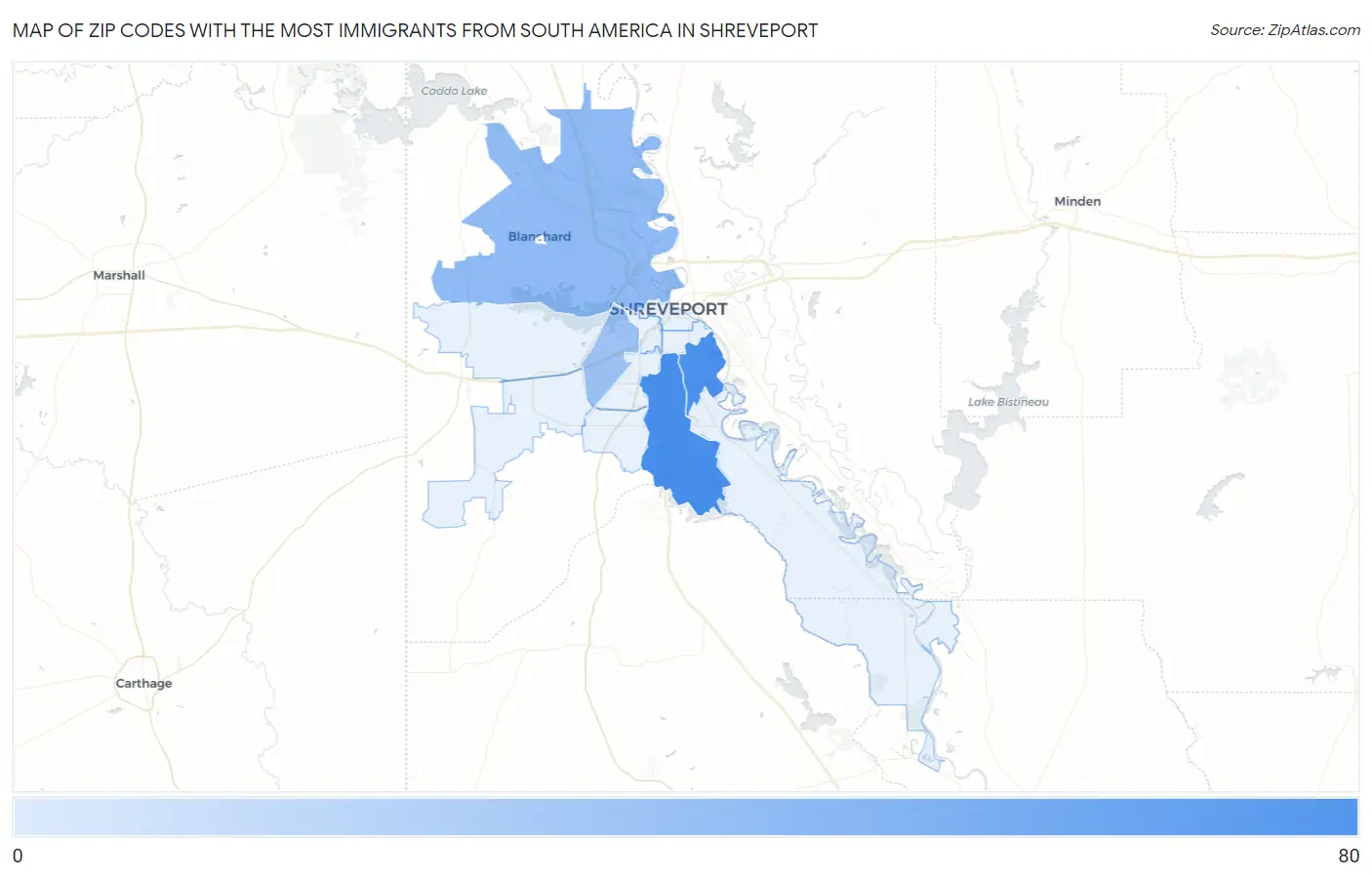 Zip Codes with the Most Immigrants from South America in Shreveport Map