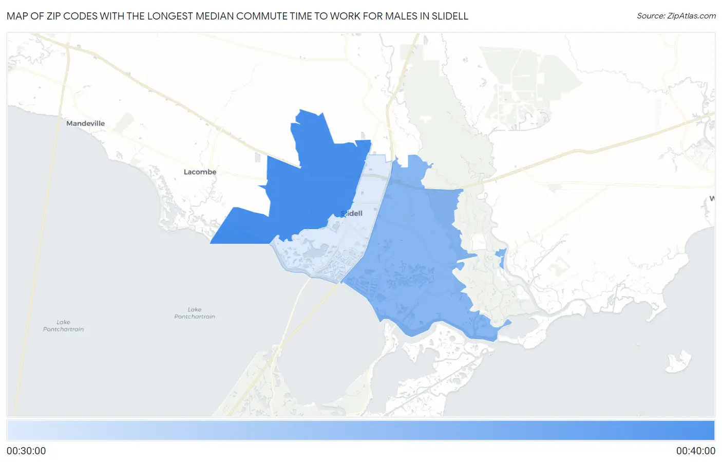 Zip Codes with the Longest Median Commute Time to Work for Males in Slidell Map