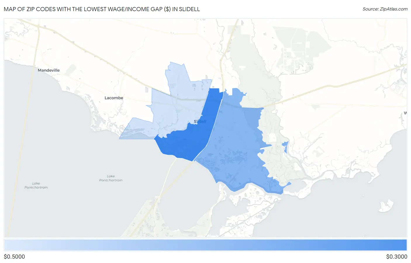 Zip Codes with the Lowest Wage/Income Gap ($) in Slidell Map