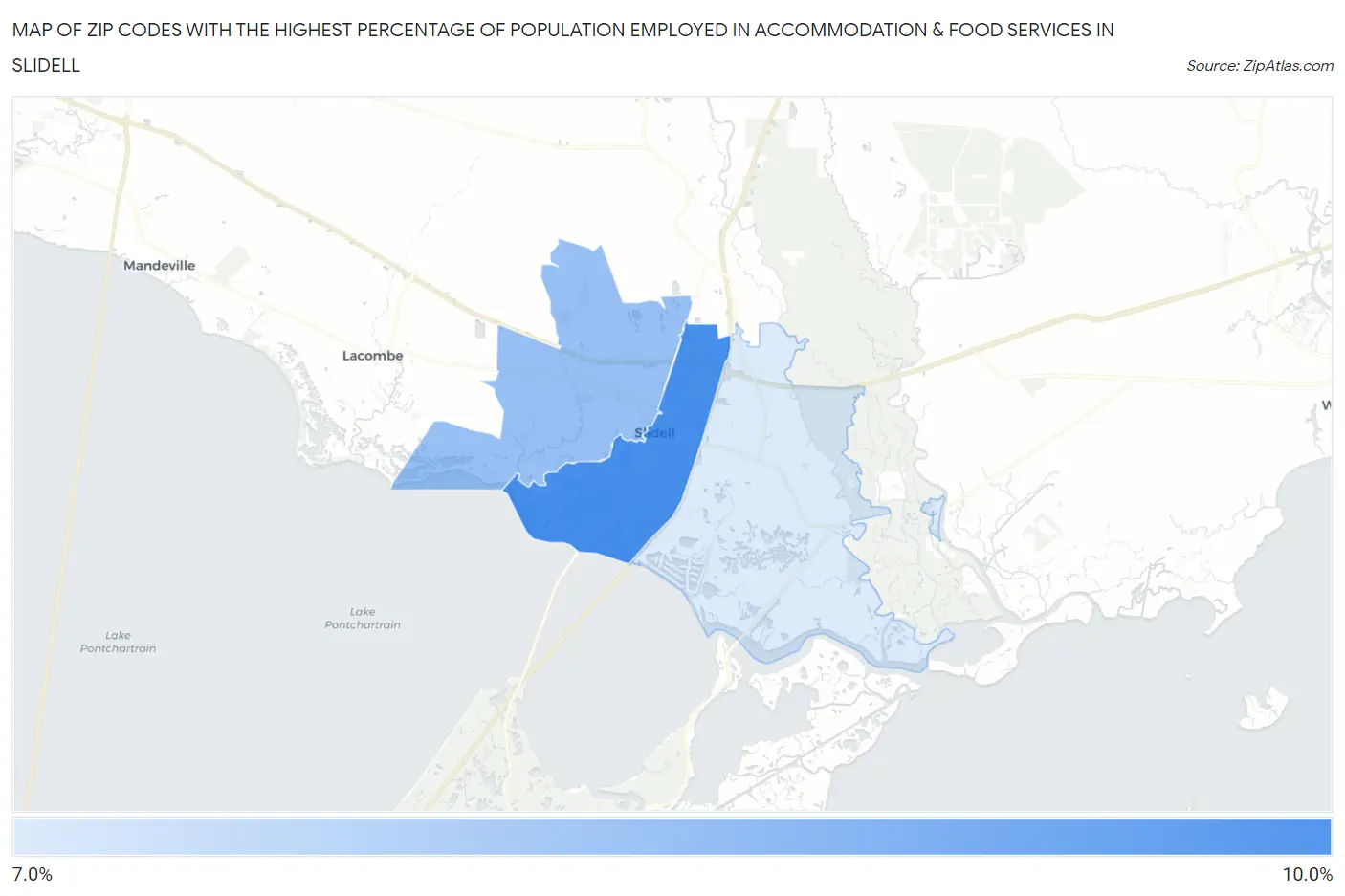 Zip Codes with the Highest Percentage of Population Employed in Accommodation & Food Services in Slidell Map