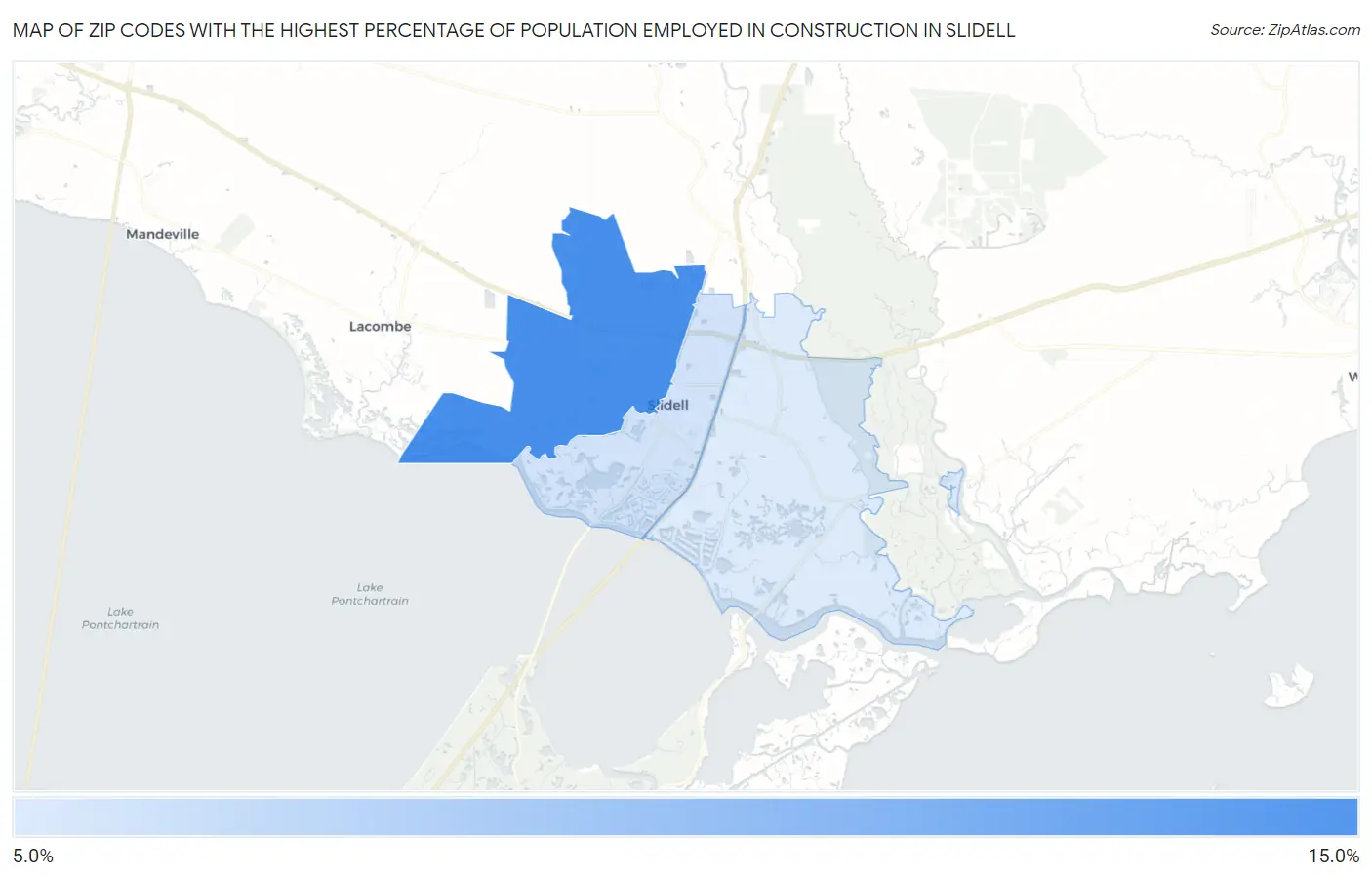 Zip Codes with the Highest Percentage of Population Employed in Construction in Slidell Map