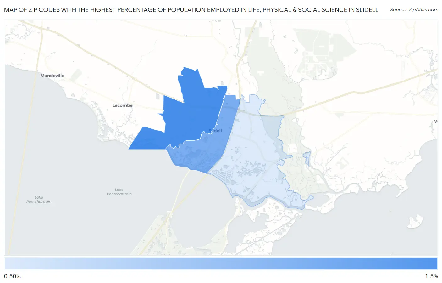 Zip Codes with the Highest Percentage of Population Employed in Life, Physical & Social Science in Slidell Map