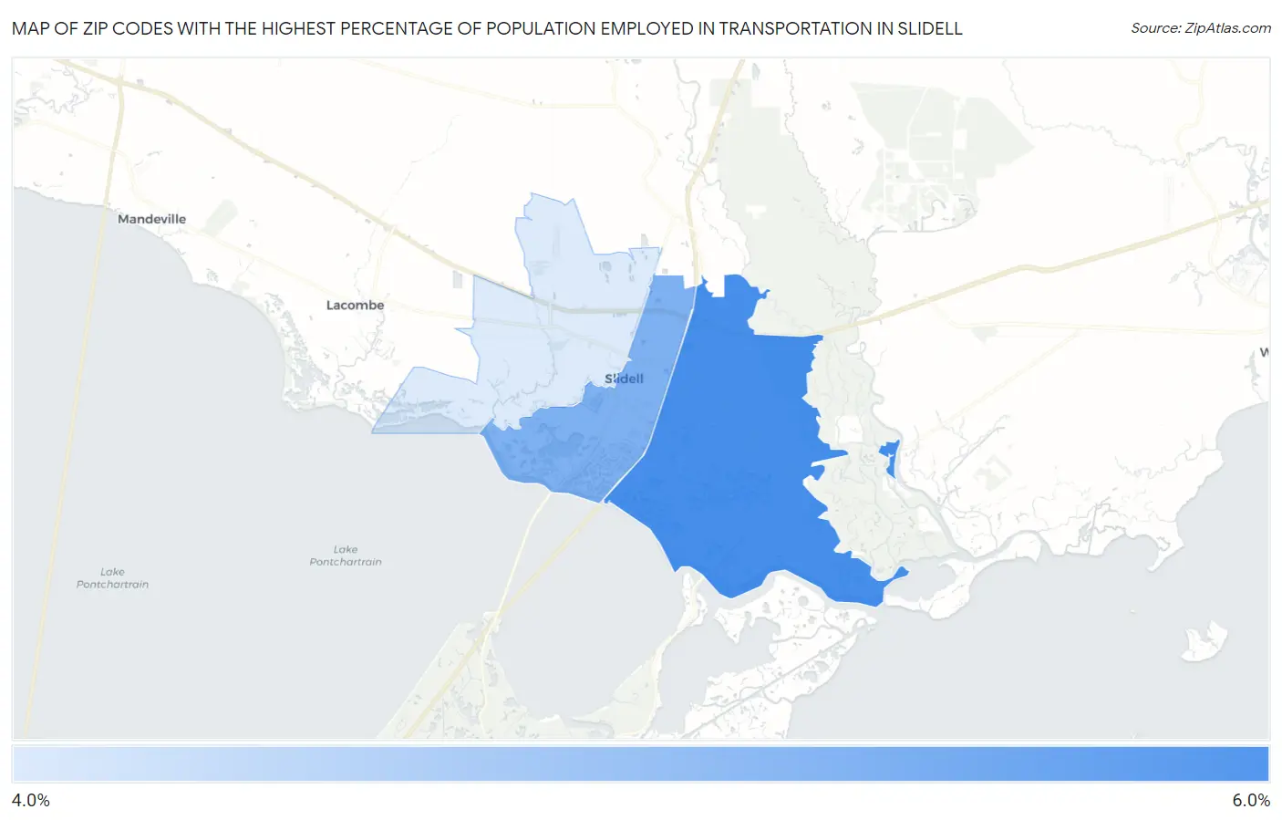 Zip Codes with the Highest Percentage of Population Employed in Transportation in Slidell Map