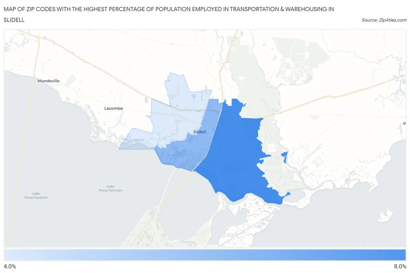 Zip Codes with the Highest Percentage of Population Employed in Transportation & Warehousing in Slidell Map