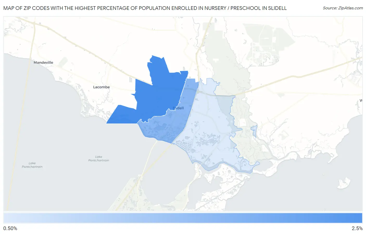 Zip Codes with the Highest Percentage of Population Enrolled in Nursery / Preschool in Slidell Map