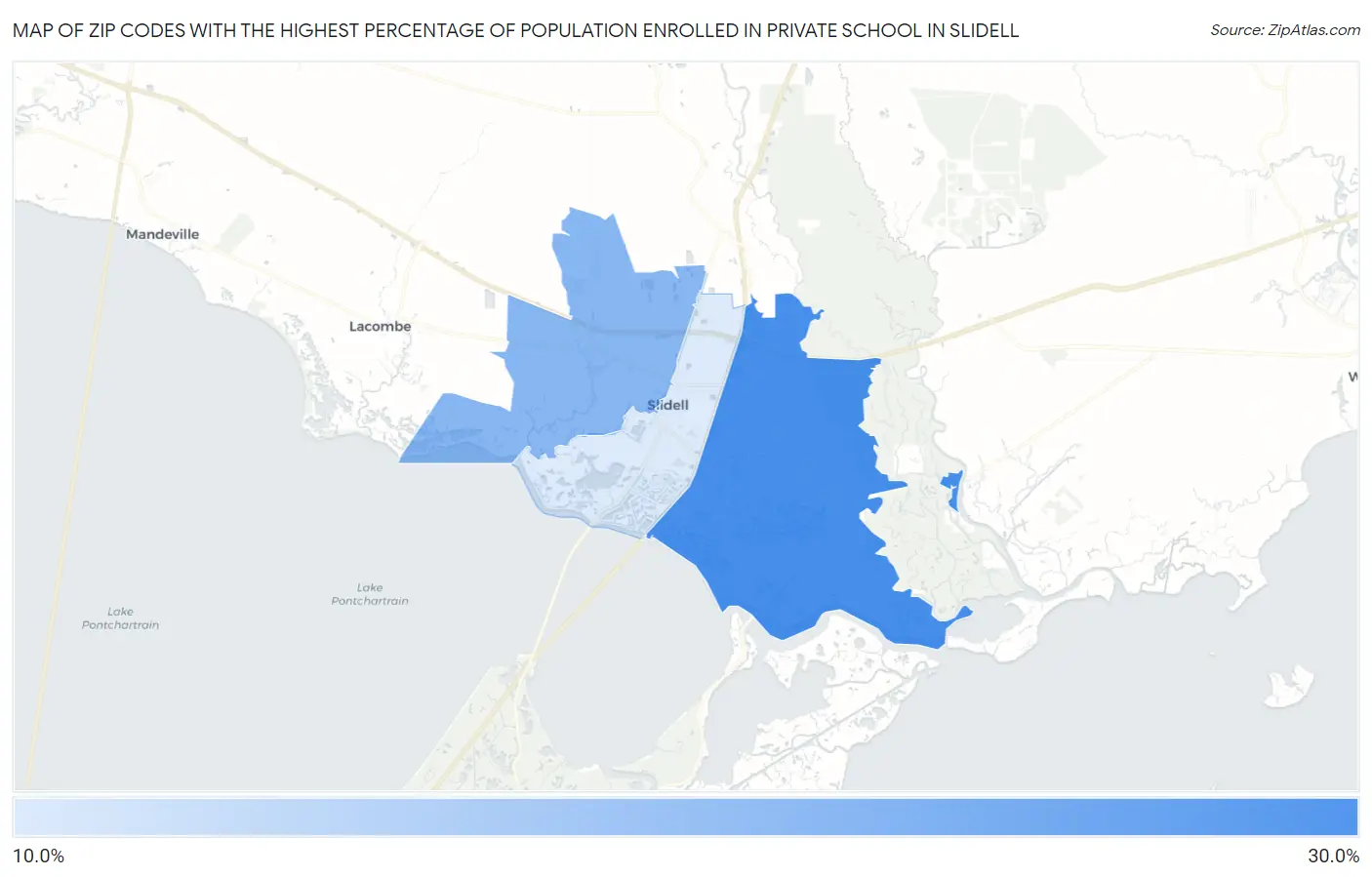 Zip Codes with the Highest Percentage of Population Enrolled in Private School in Slidell Map