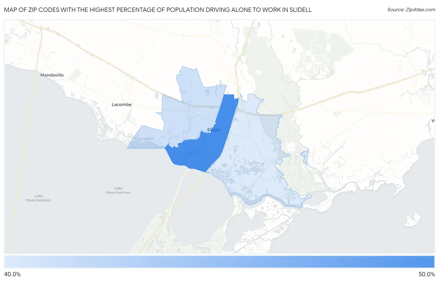 Zip Codes with the Highest Percentage of Population Driving Alone to Work in Slidell Map