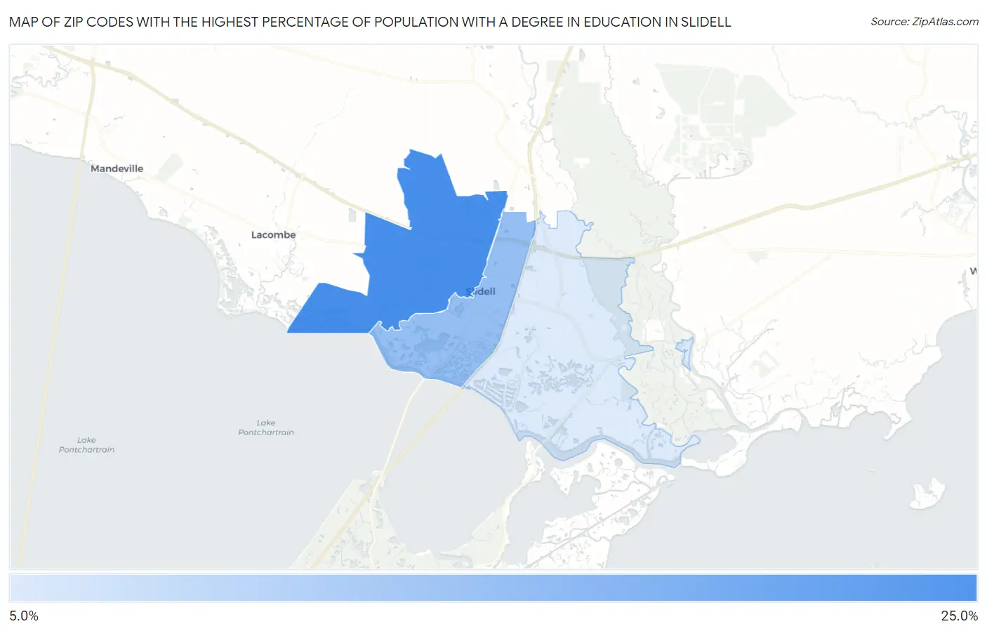 Zip Codes with the Highest Percentage of Population with a Degree in Education in Slidell Map