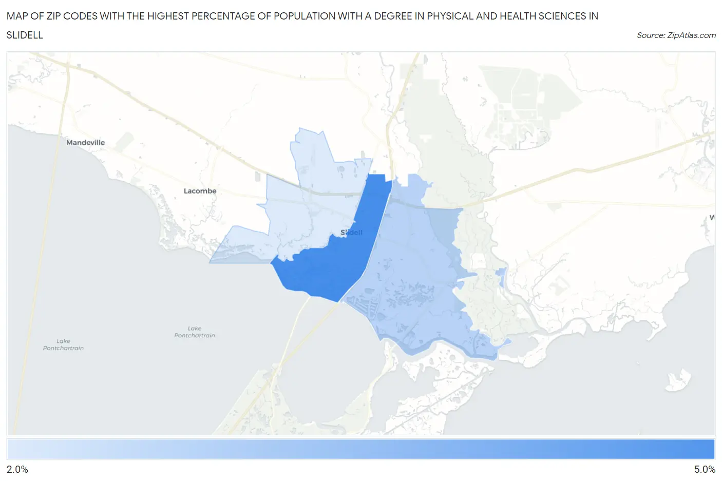 Zip Codes with the Highest Percentage of Population with a Degree in Physical and Health Sciences in Slidell Map
