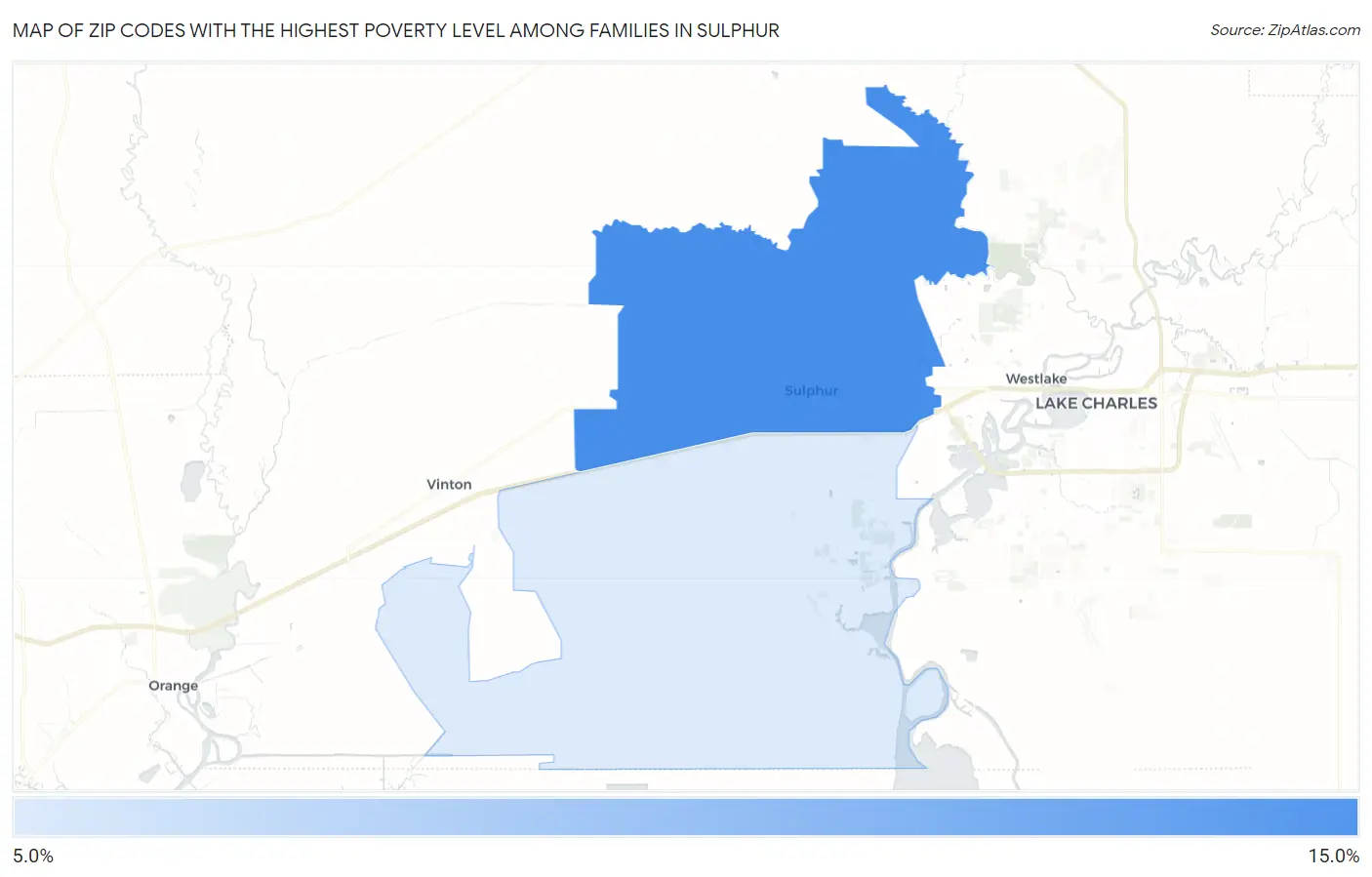 Zip Codes with the Highest Poverty Level Among Families in Sulphur Map