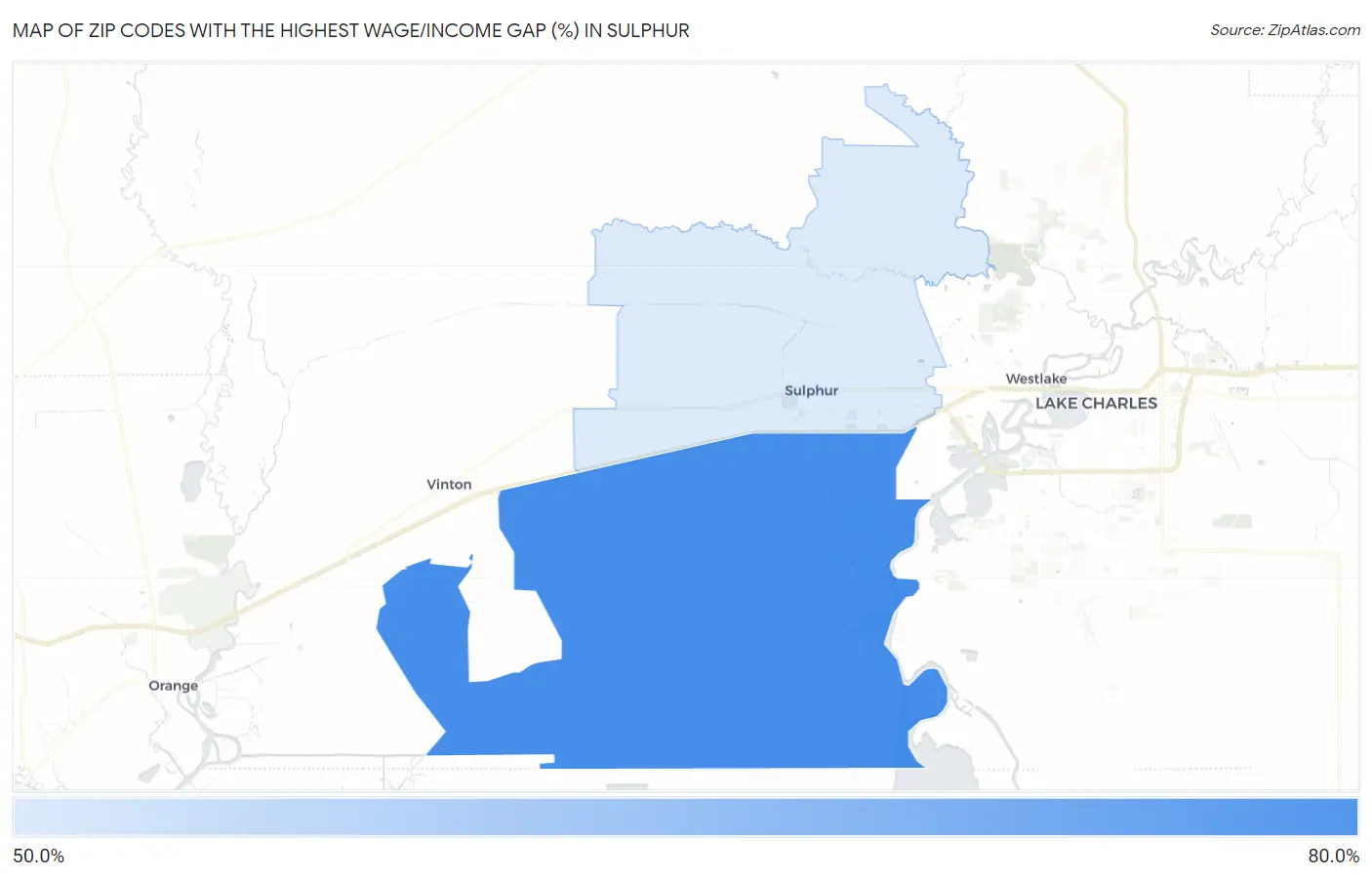 Zip Codes with the Highest Wage/Income Gap (%) in Sulphur Map