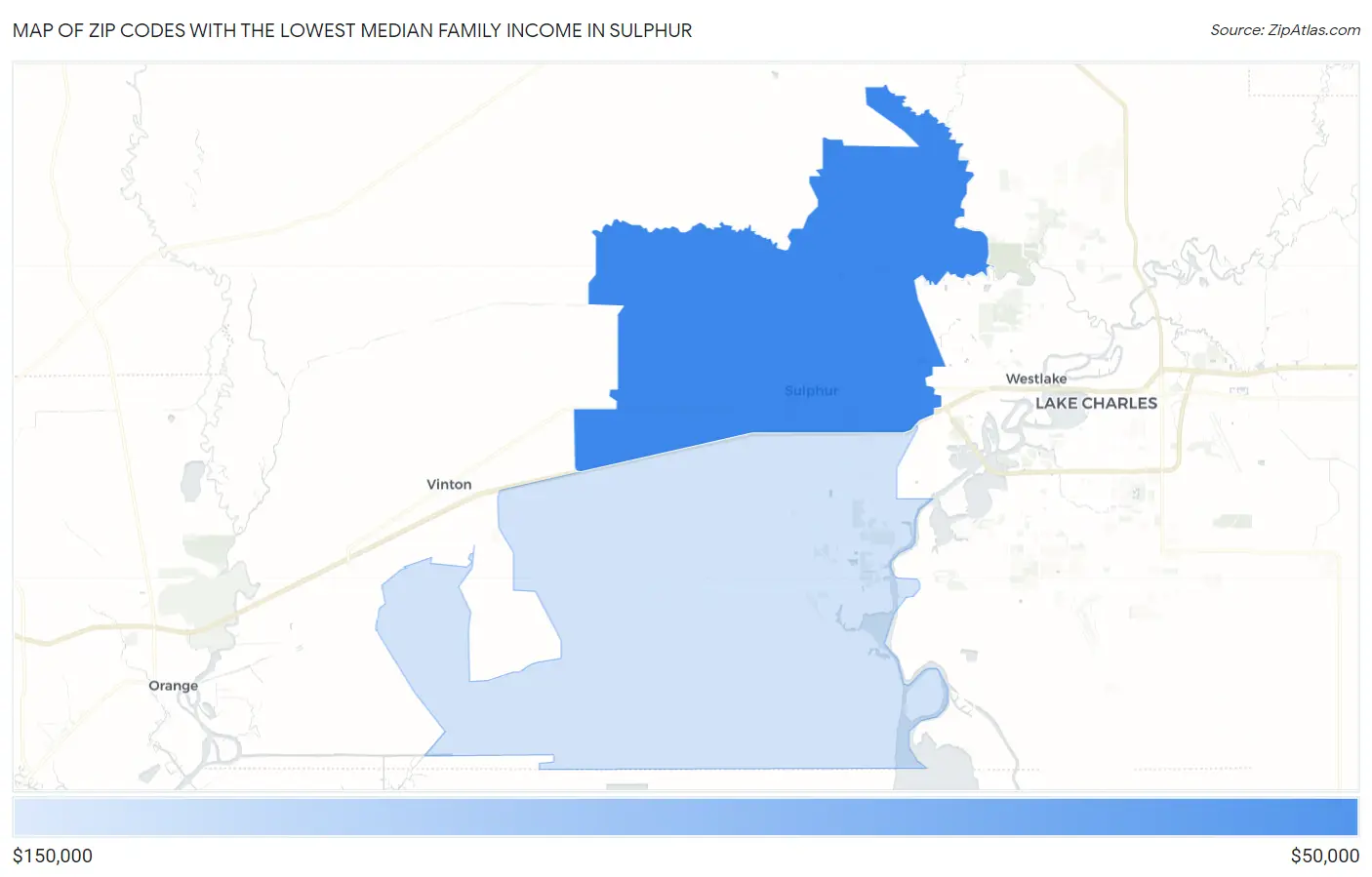 Zip Codes with the Lowest Median Family Income in Sulphur Map