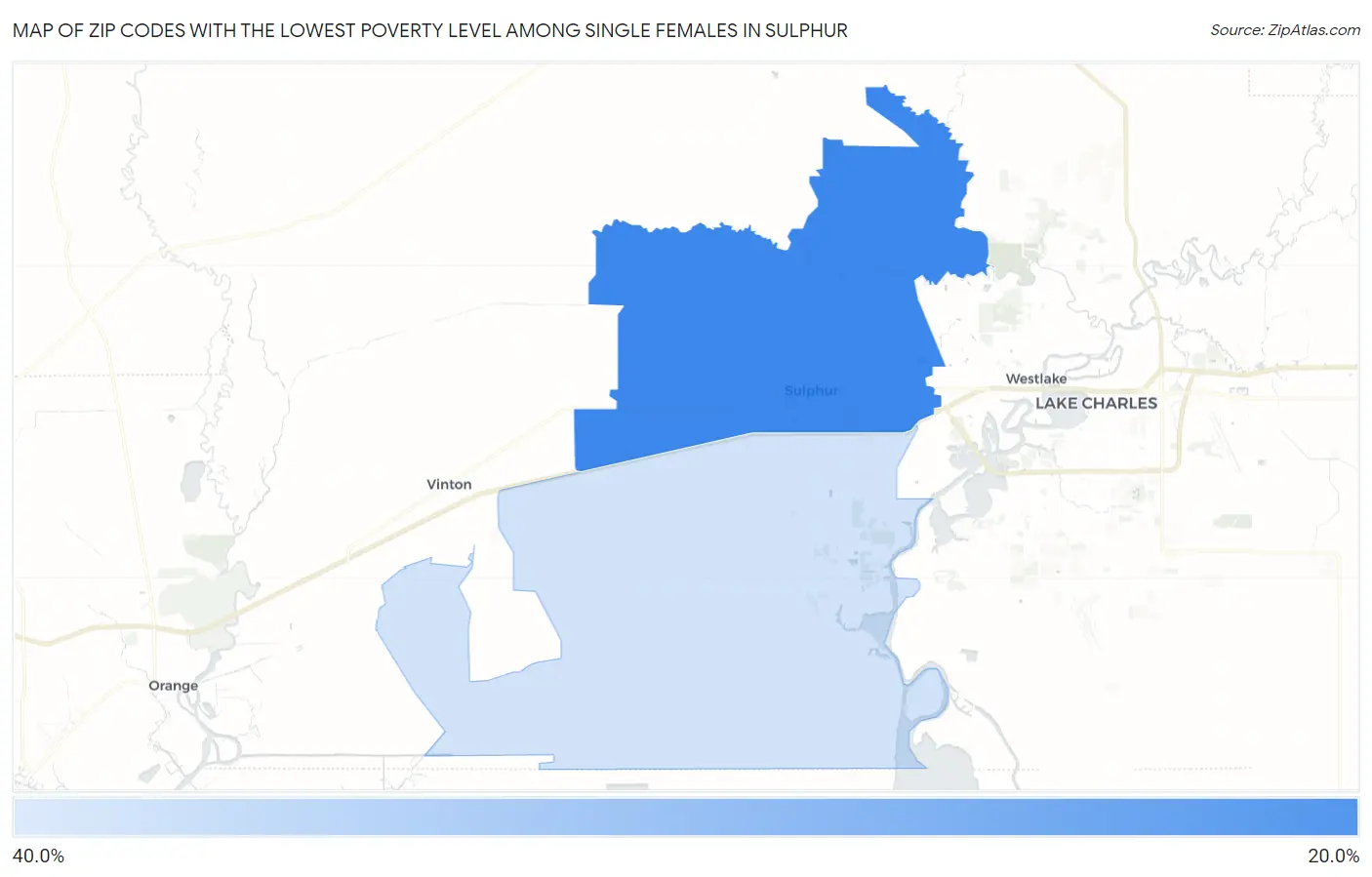 Zip Codes with the Lowest Poverty Level Among Single Females in Sulphur Map