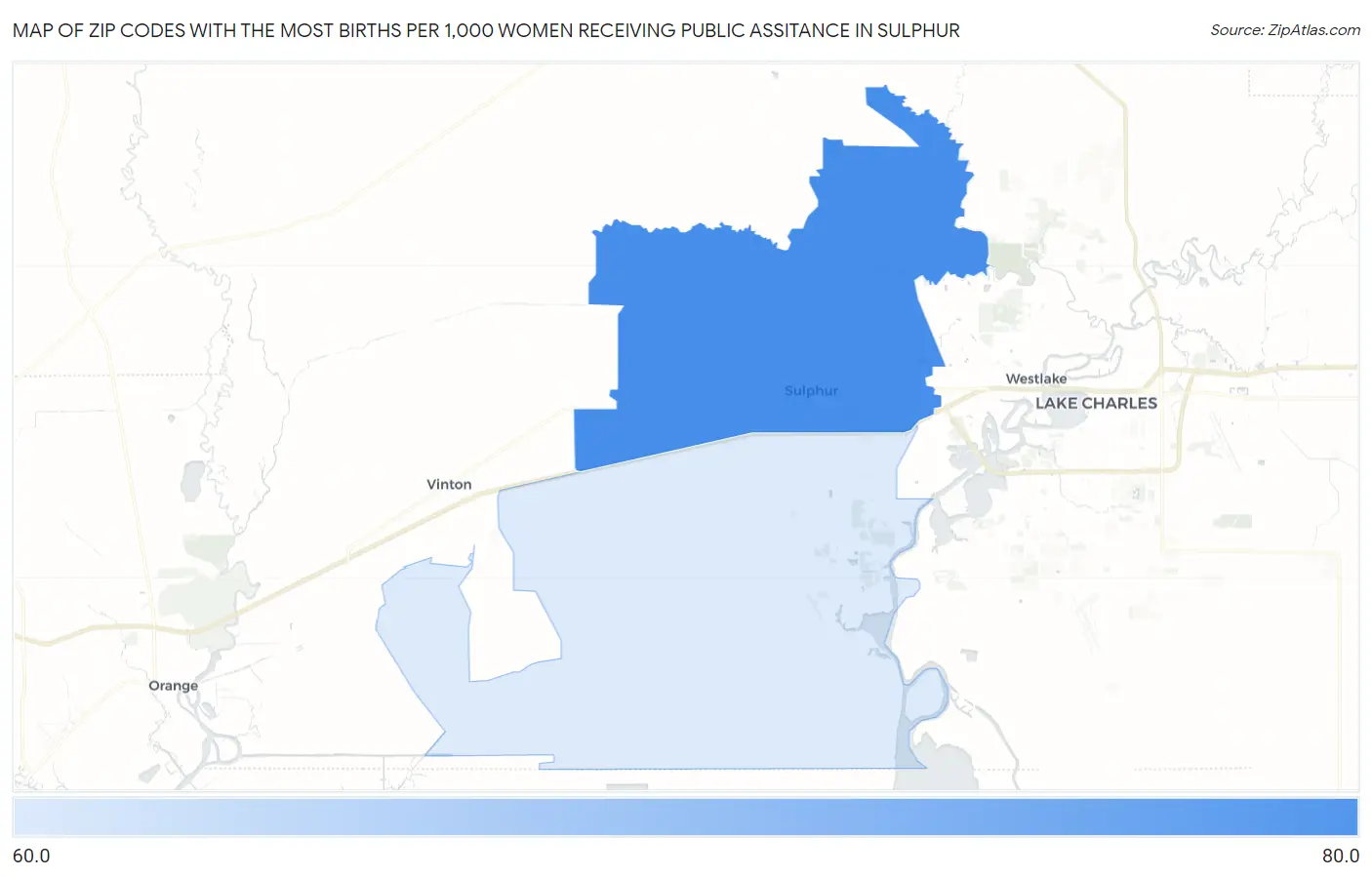 Zip Codes with the Most Births per 1,000 Women Receiving Public Assitance in Sulphur Map