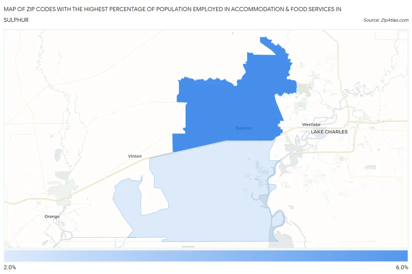 Zip Codes with the Highest Percentage of Population Employed in Accommodation & Food Services in Sulphur Map