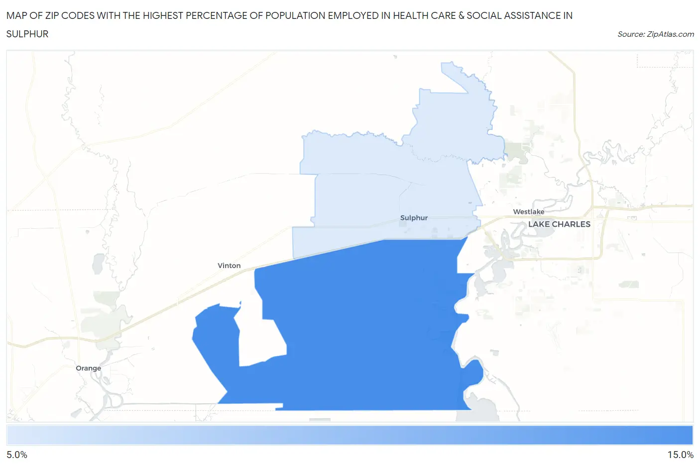Zip Codes with the Highest Percentage of Population Employed in Health Care & Social Assistance in Sulphur Map