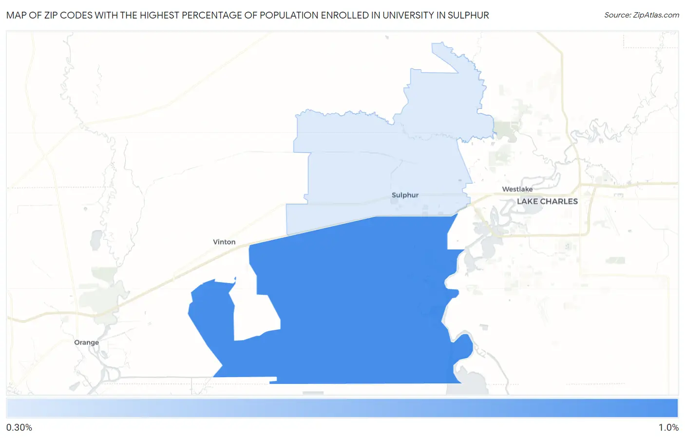 Zip Codes with the Highest Percentage of Population Enrolled in University in Sulphur Map