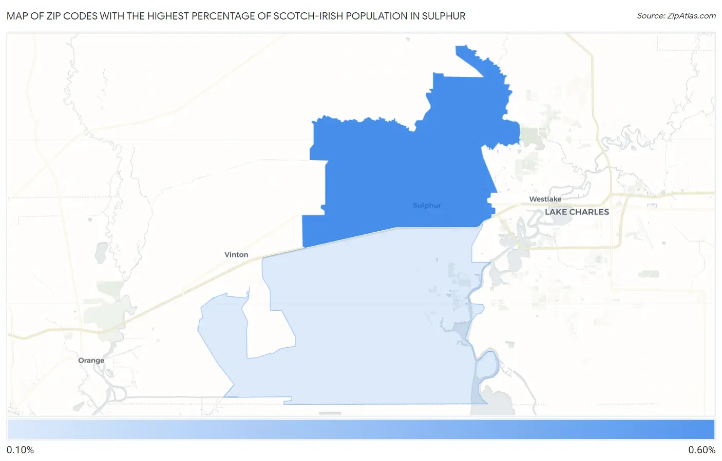 Zip Codes with the Highest Percentage of Scotch-Irish Population in Sulphur Map