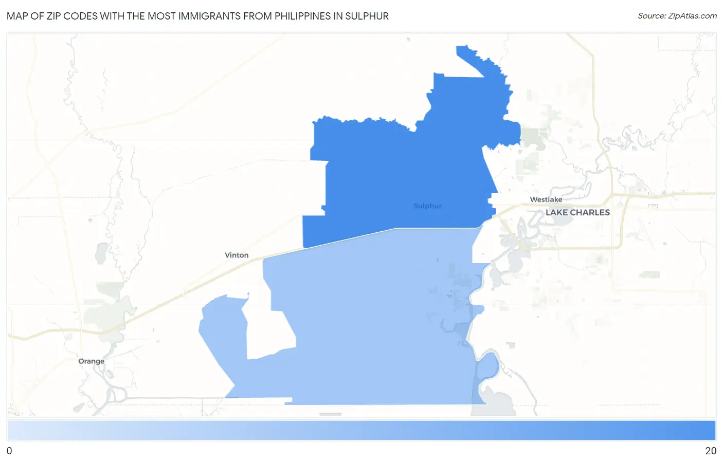 Zip Codes with the Most Immigrants from Philippines in Sulphur Map