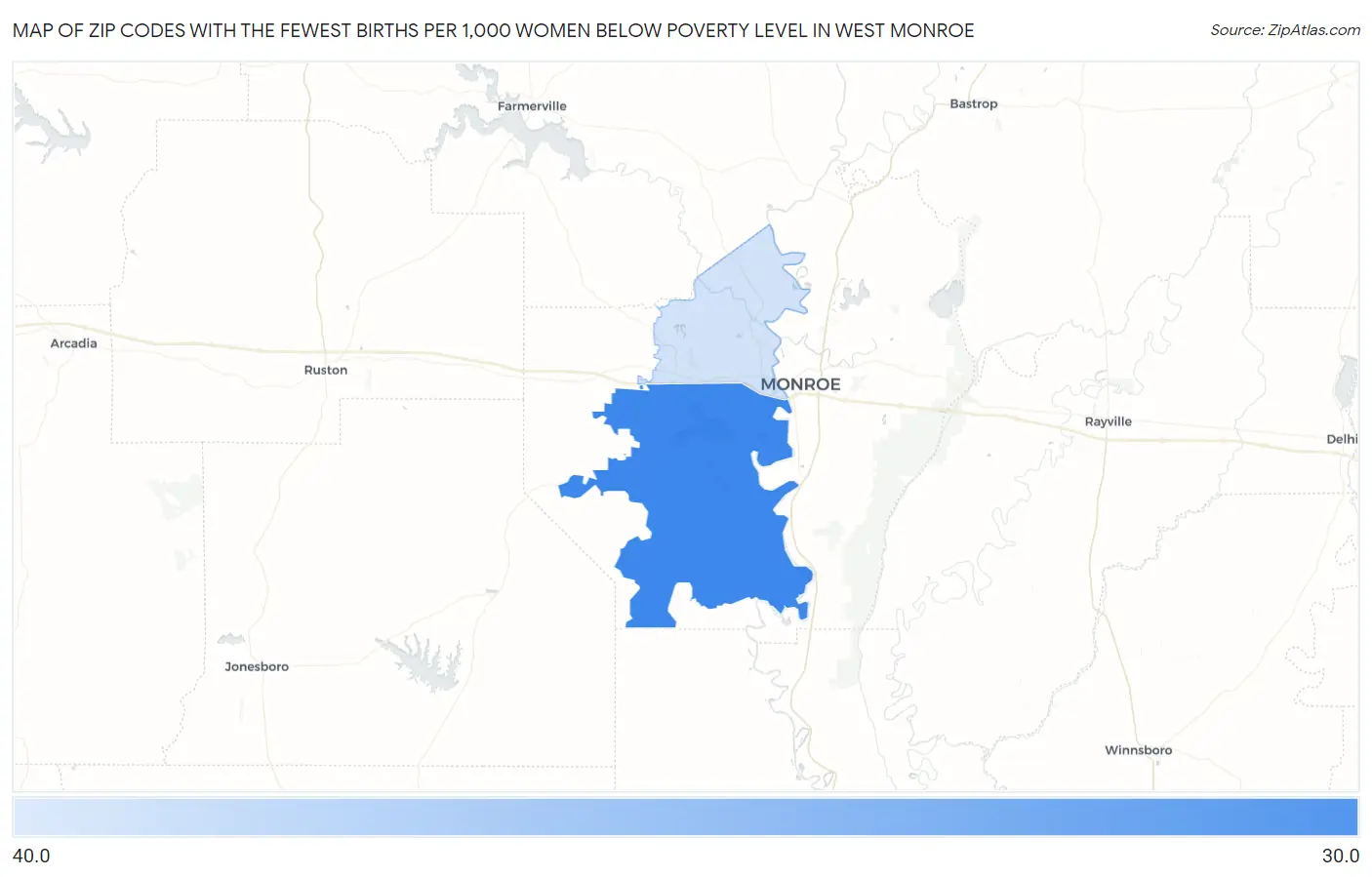 Zip Codes with the Fewest Births per 1,000 Women Below Poverty Level in West Monroe Map