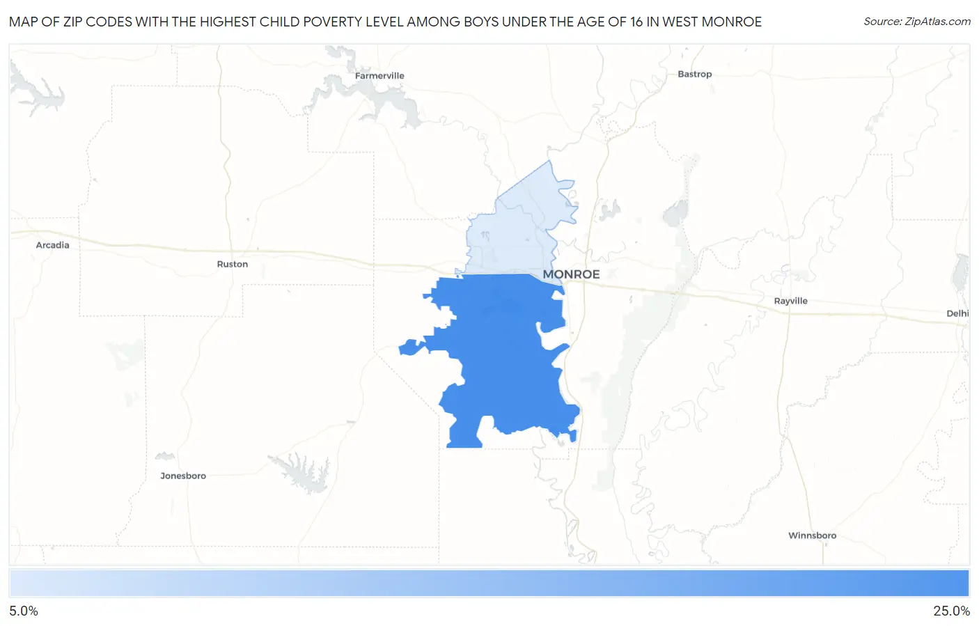 Zip Codes with the Highest Child Poverty Level Among Boys Under the Age of 16 in West Monroe Map