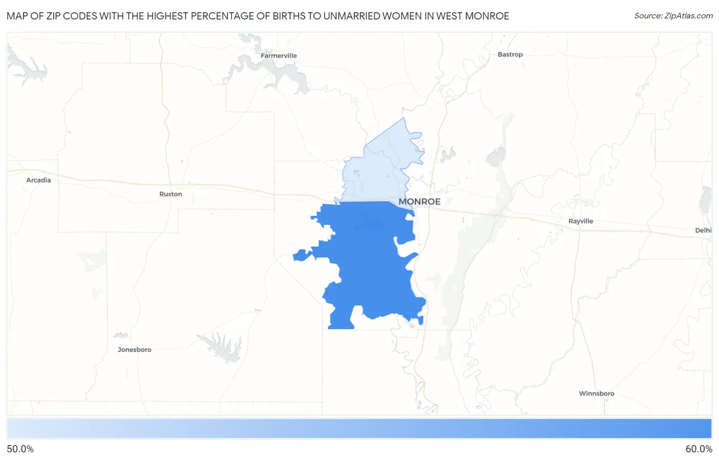 Zip Codes with the Highest Percentage of Births to Unmarried Women in West Monroe Map