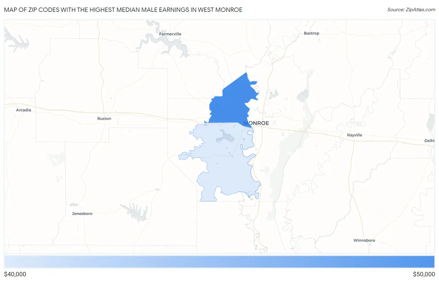 Zip Codes with the Highest Median Male Earnings in West Monroe Map