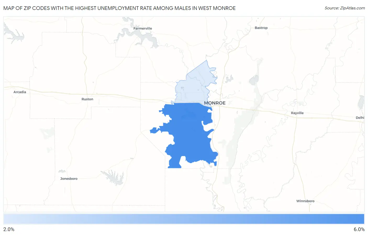 Zip Codes with the Highest Unemployment Rate Among Males in West Monroe Map