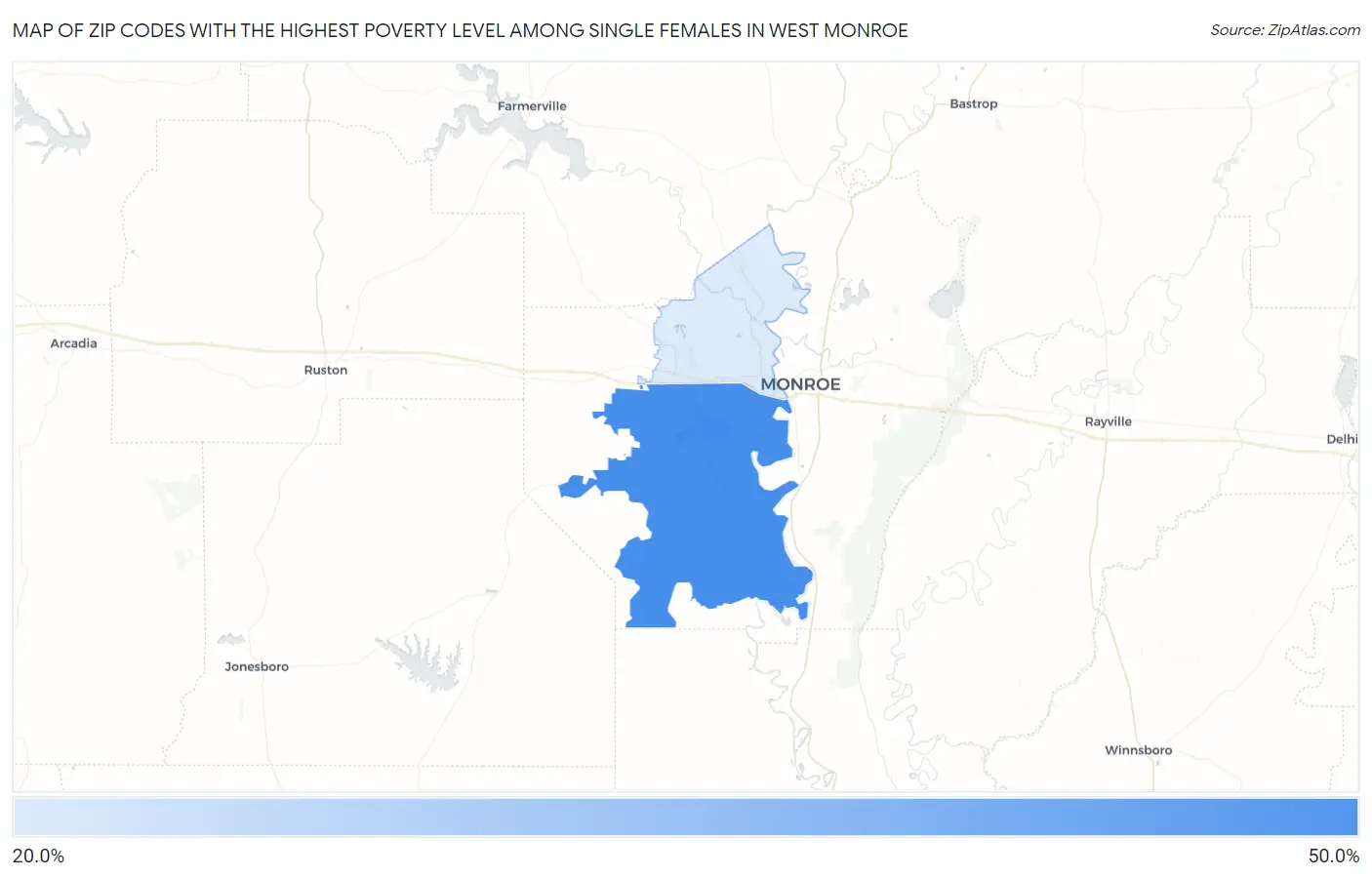 Zip Codes with the Highest Poverty Level Among Single Females in West Monroe Map