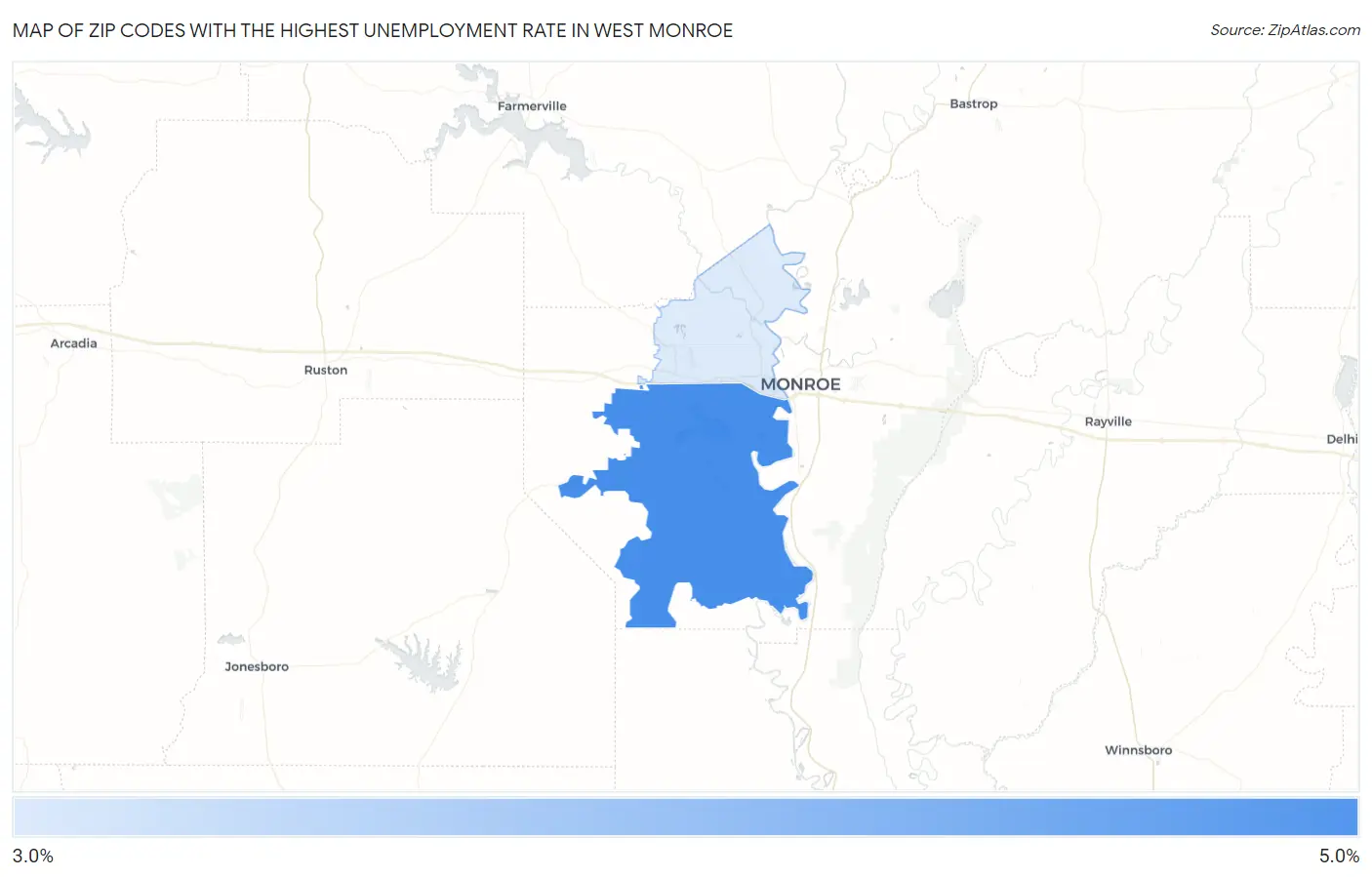Zip Codes with the Highest Unemployment Rate in West Monroe Map