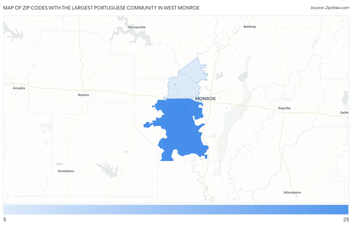 Zip Codes with the Largest Portuguese Community in West Monroe Map