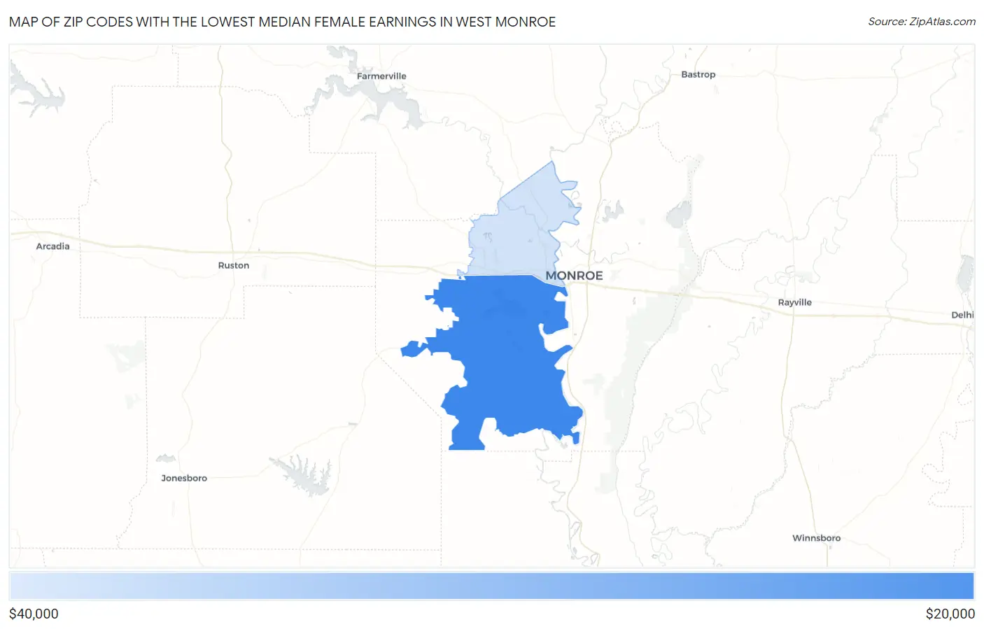 Zip Codes with the Lowest Median Female Earnings in West Monroe Map