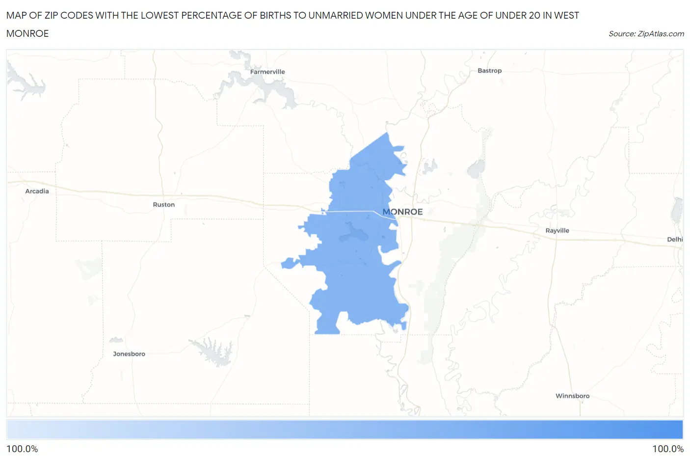 Zip Codes with the Lowest Percentage of Births to Unmarried Women under the Age of under 20 in West Monroe Map