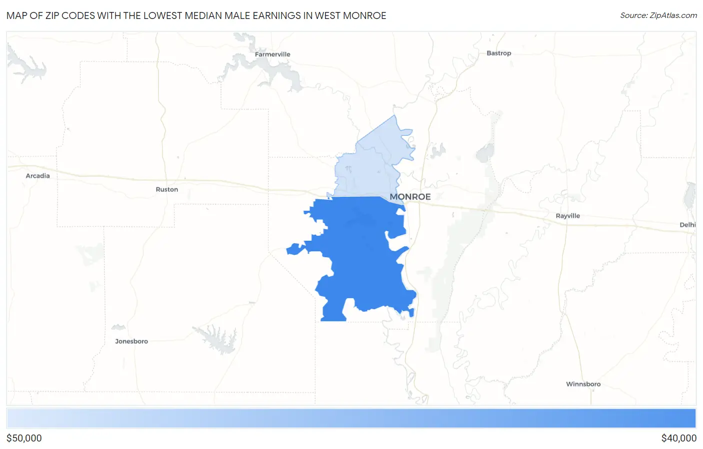 Zip Codes with the Lowest Median Male Earnings in West Monroe Map