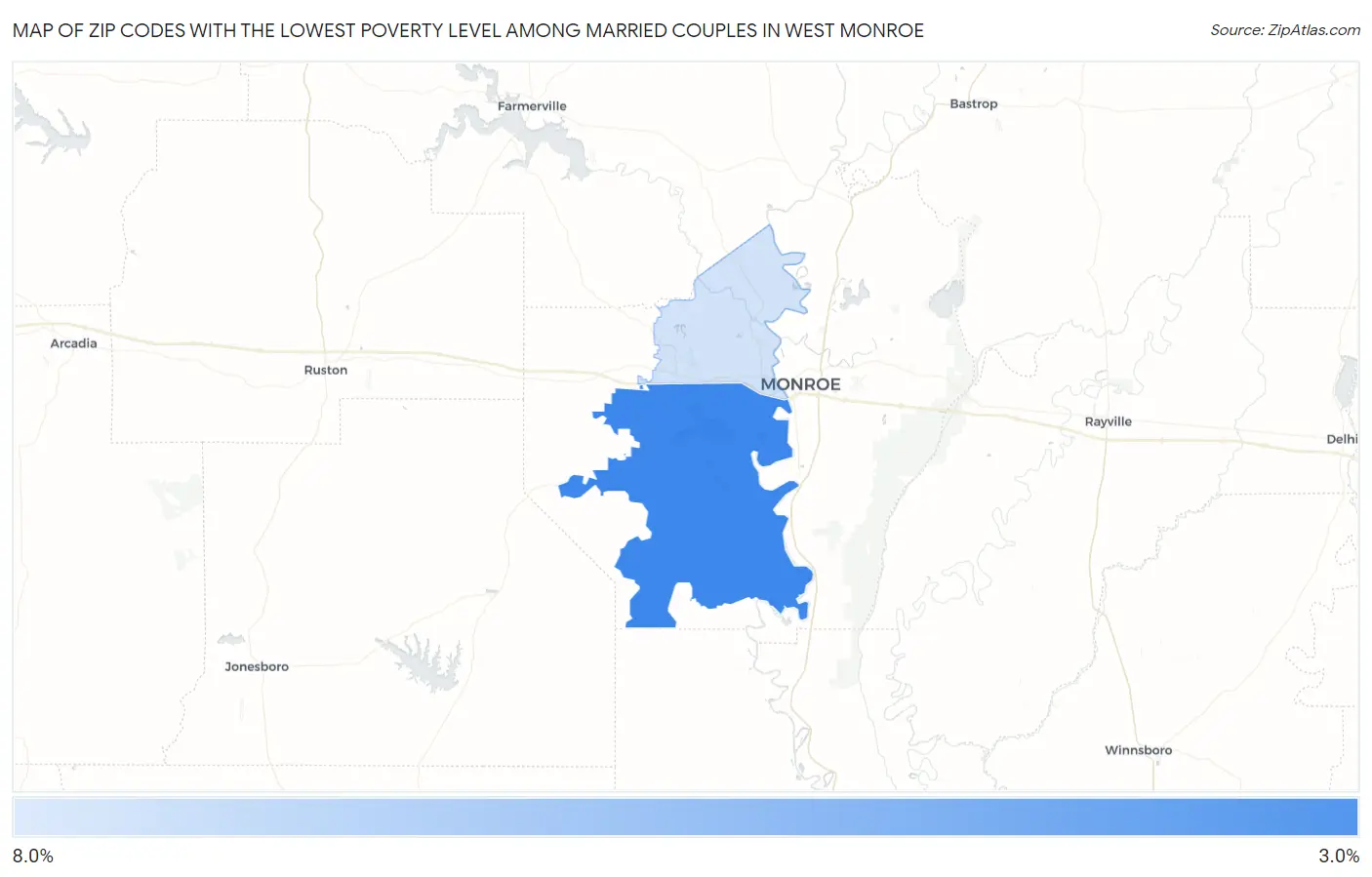 Zip Codes with the Lowest Poverty Level Among Married Couples in West Monroe Map