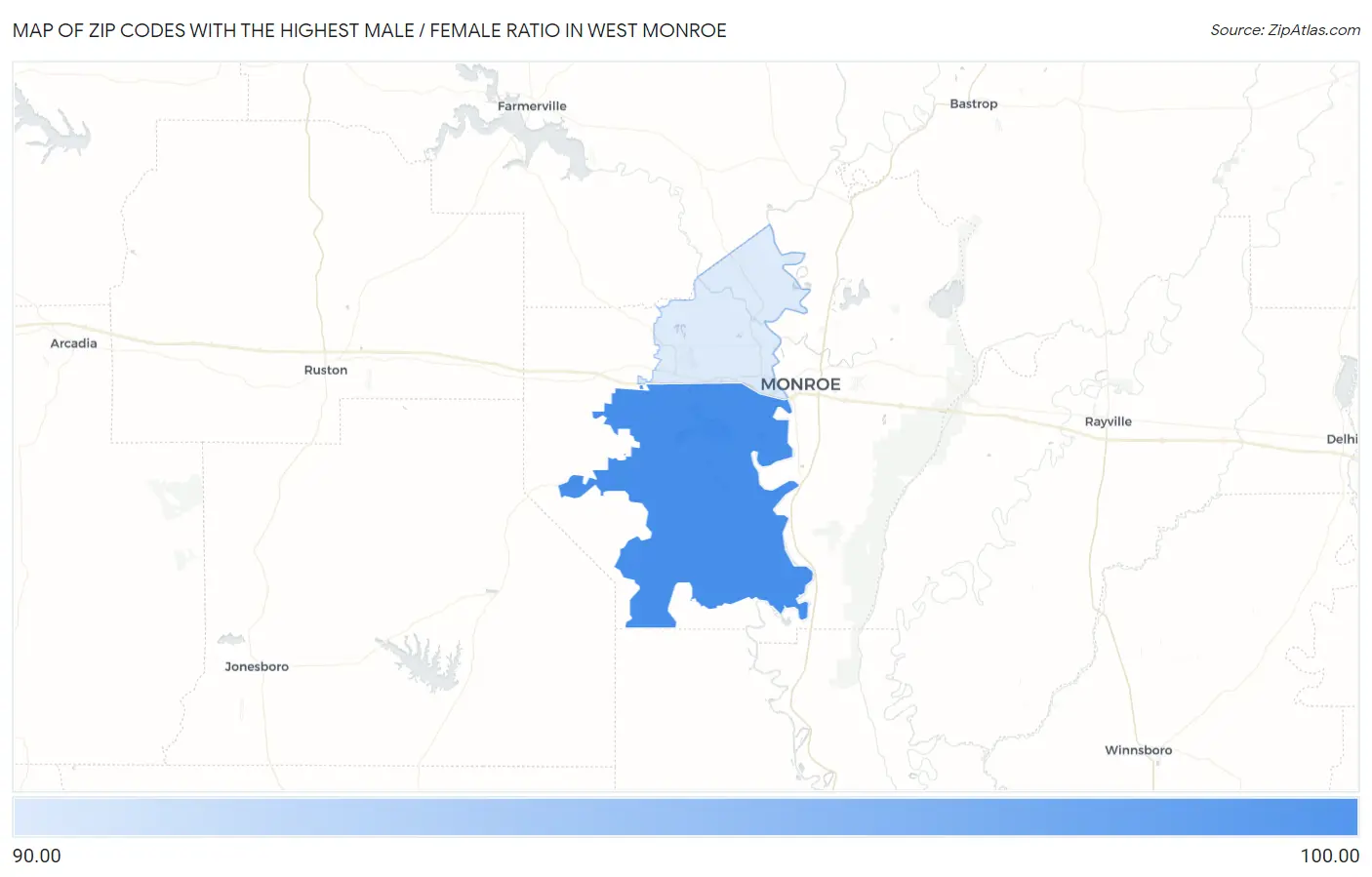 Zip Codes with the Highest Male / Female Ratio in West Monroe Map