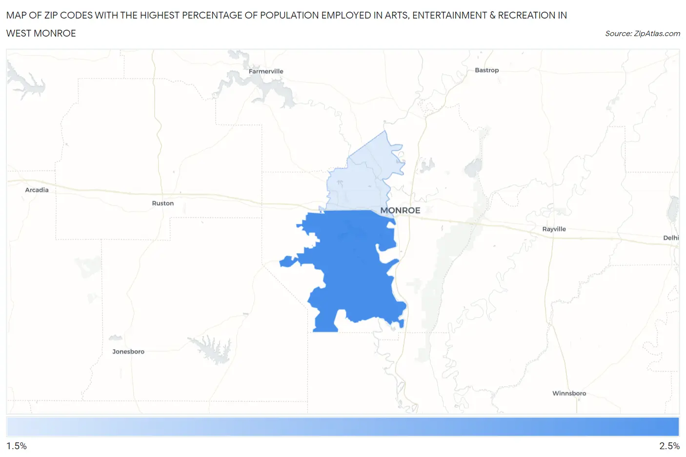 Zip Codes with the Highest Percentage of Population Employed in Arts, Entertainment & Recreation in West Monroe Map