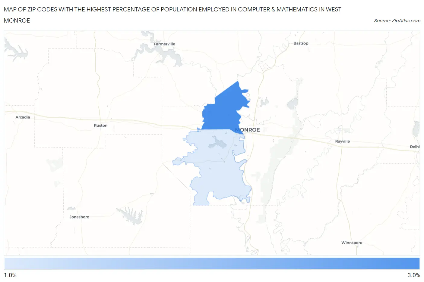 Zip Codes with the Highest Percentage of Population Employed in Computer & Mathematics in West Monroe Map