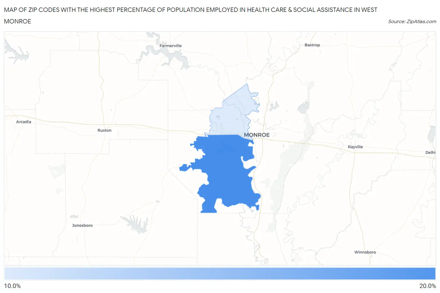 Zip Codes with the Highest Percentage of Population Employed in Health Care & Social Assistance in West Monroe Map