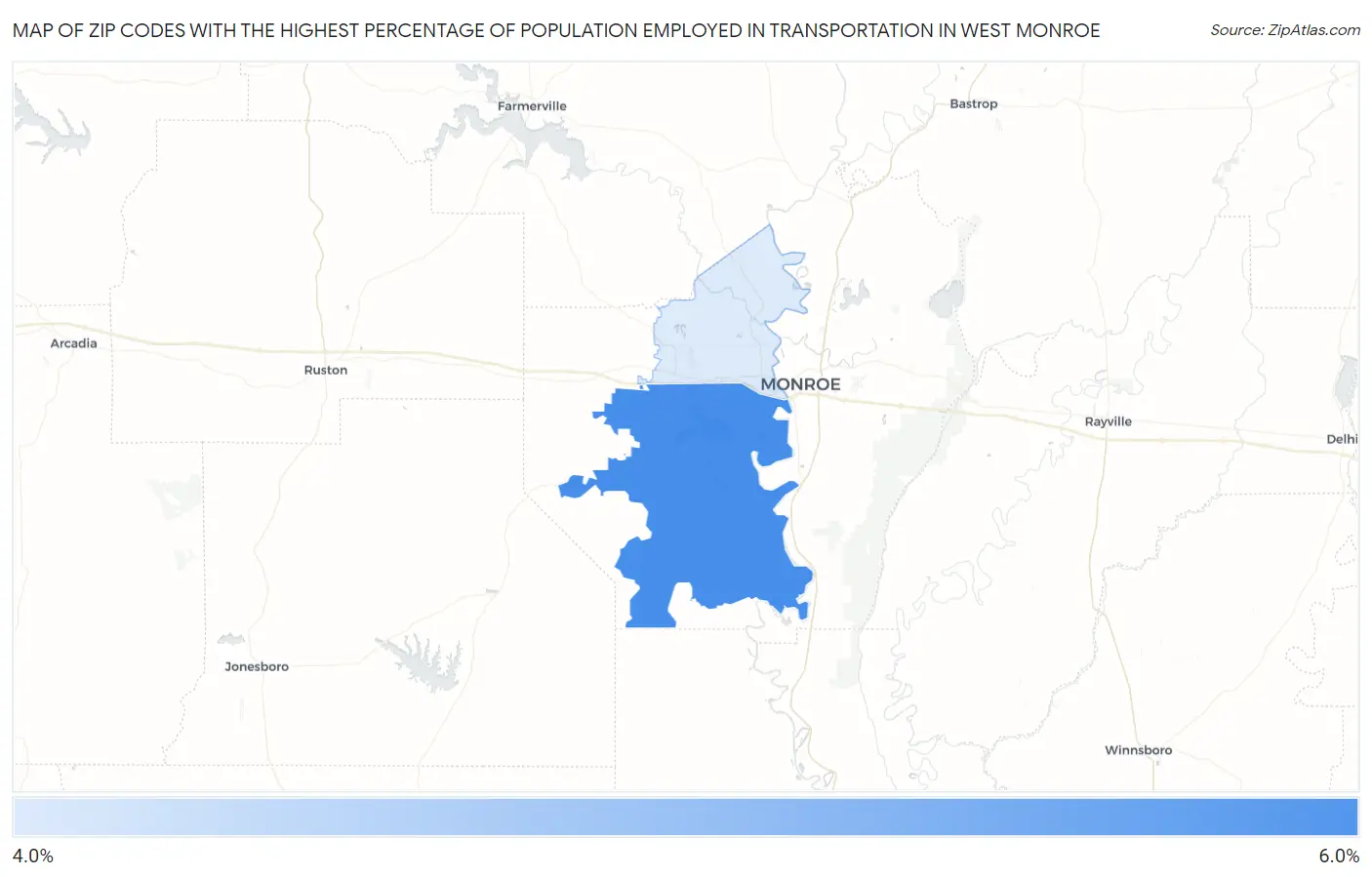 Zip Codes with the Highest Percentage of Population Employed in Transportation in West Monroe Map