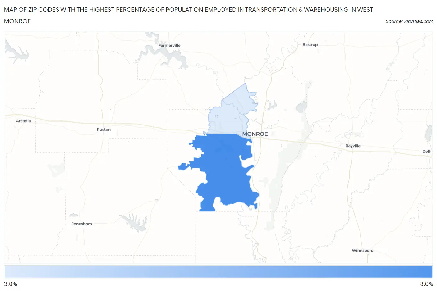 Zip Codes with the Highest Percentage of Population Employed in Transportation & Warehousing in West Monroe Map