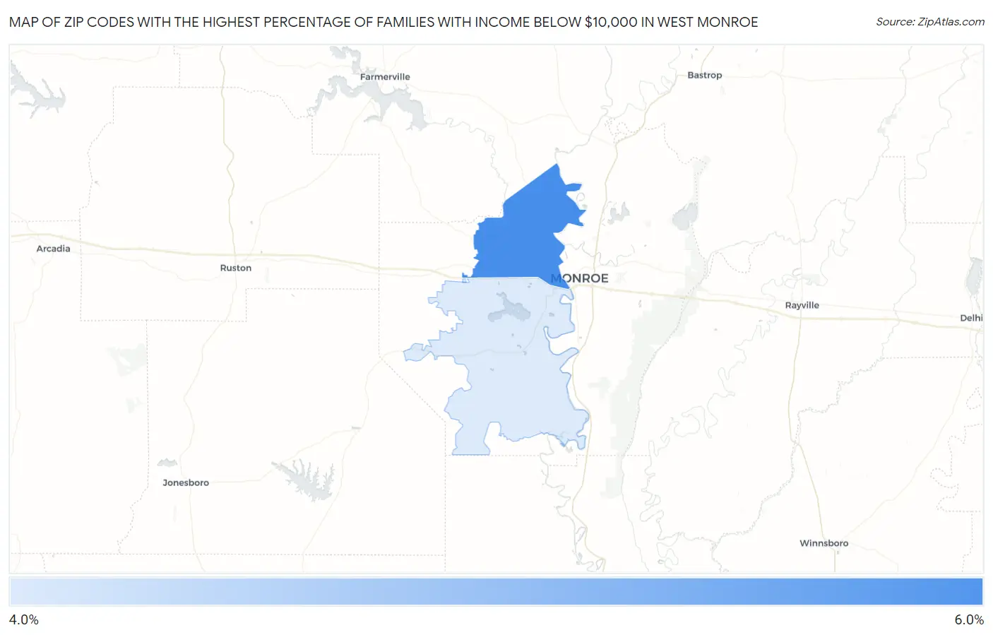Zip Codes with the Highest Percentage of Families with Income Below $10,000 in West Monroe Map