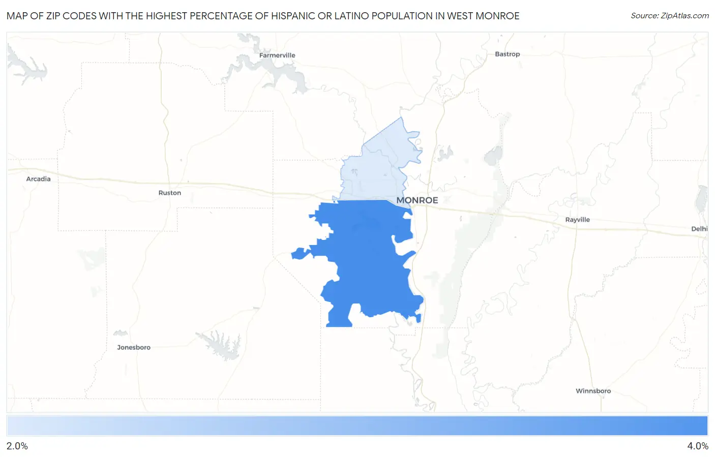 Zip Codes with the Highest Percentage of Hispanic or Latino Population in West Monroe Map